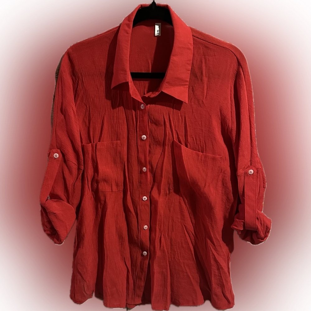 🇺🇸 Sale Red Button-Up Gauze Shirt